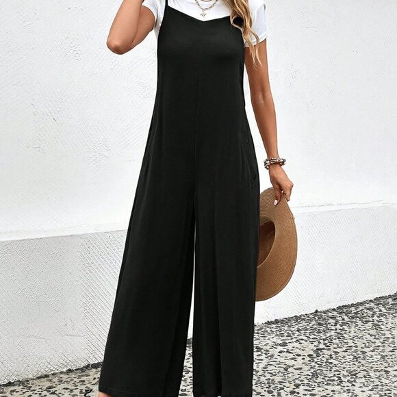 Black Casual Women's Monochrome Overall Jumpsuit - Picture 2 of 6